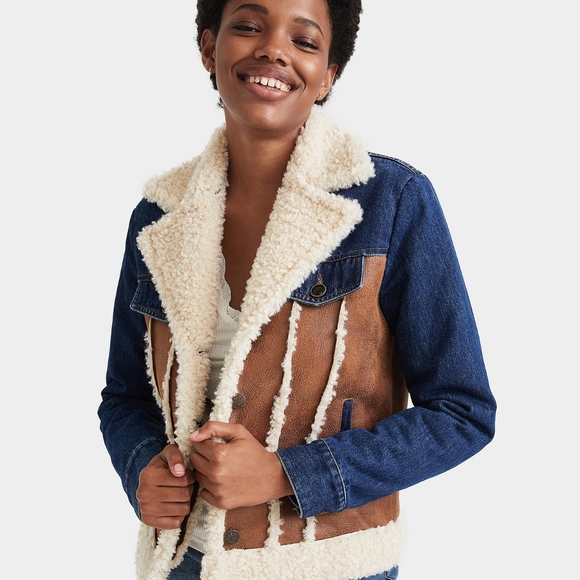 Desigual Blue and Brown Denim Jacket with Shearling - Picture 10 of 11